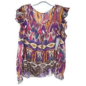Ny Collection Woman Top Size 2X Geo‎ Print Sheer Ruffle Trim Hippie Bohemian
